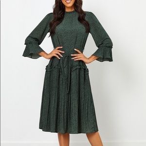 Forrest Green Leopard Print High Neckline Midi Dress